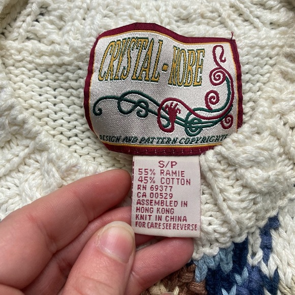 Crystal Kobe Knit Sweater Paisley Cream Tan Blue Vintage Size Small - Picture 4 of 5
